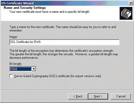 IIS Certificate Wizard - Name and Security Settings