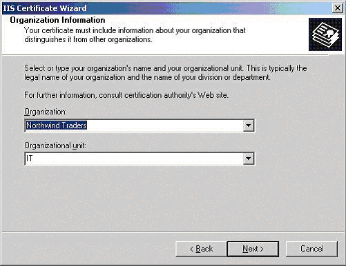 IIS Certificate Wizard - Organisation Information