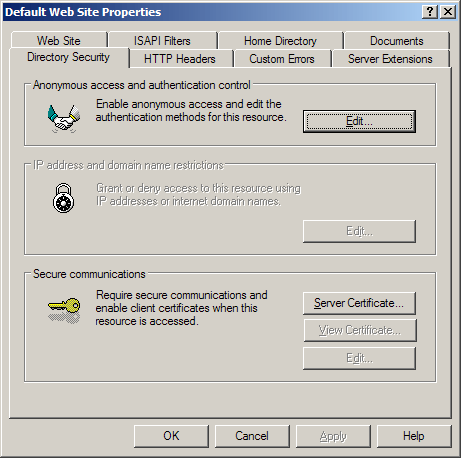 IIS SSL server certificate - directory security