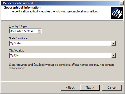 IIS SSL server certificate - region